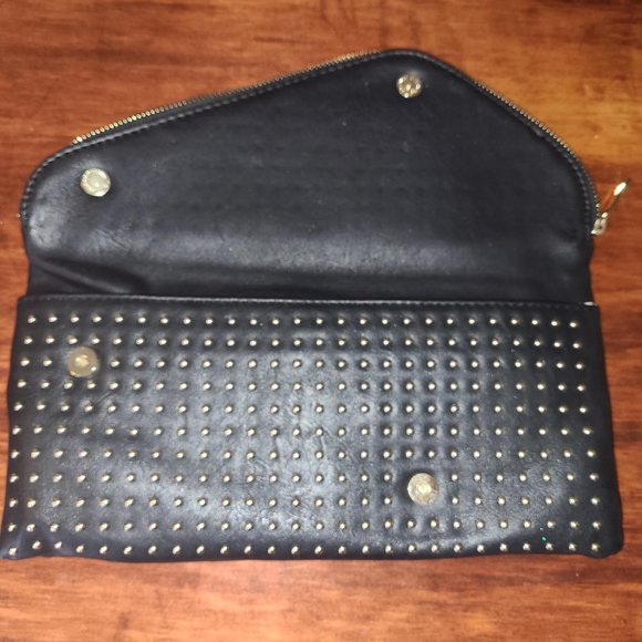JustFab Black & Gold Studded PU Vegan Leather Clutch Fold Over Biker Punk Goth - Picture 4 of 12